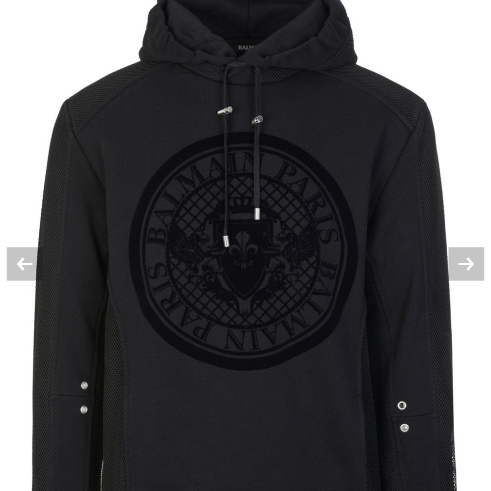 Balmain Black Coin Logo Hooded Long-Sleeve Hooded Sweatshirt